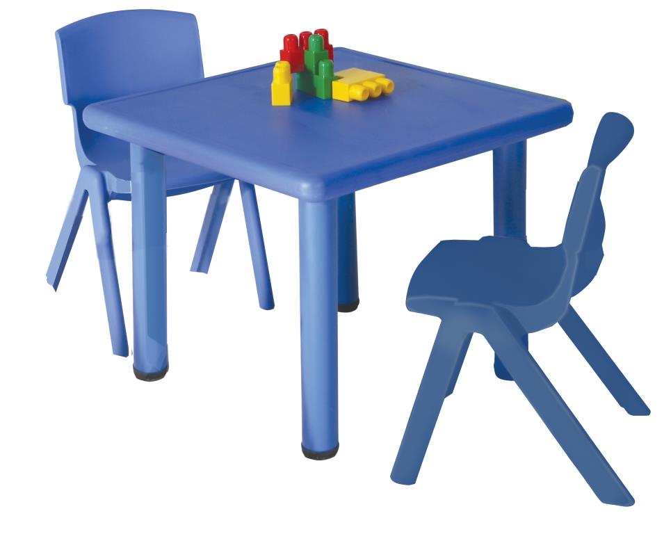 סט שולחן פלסטיק רגל מתכת 60*60 כחול+2 כיסאות 30 ס